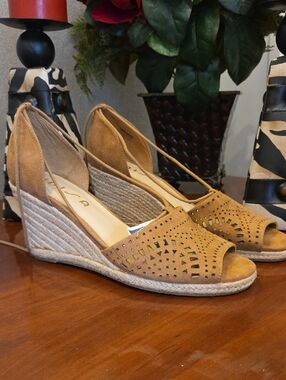Unisa Tan Espadrille Wedge Sandals - Suede Laser-Cut Design